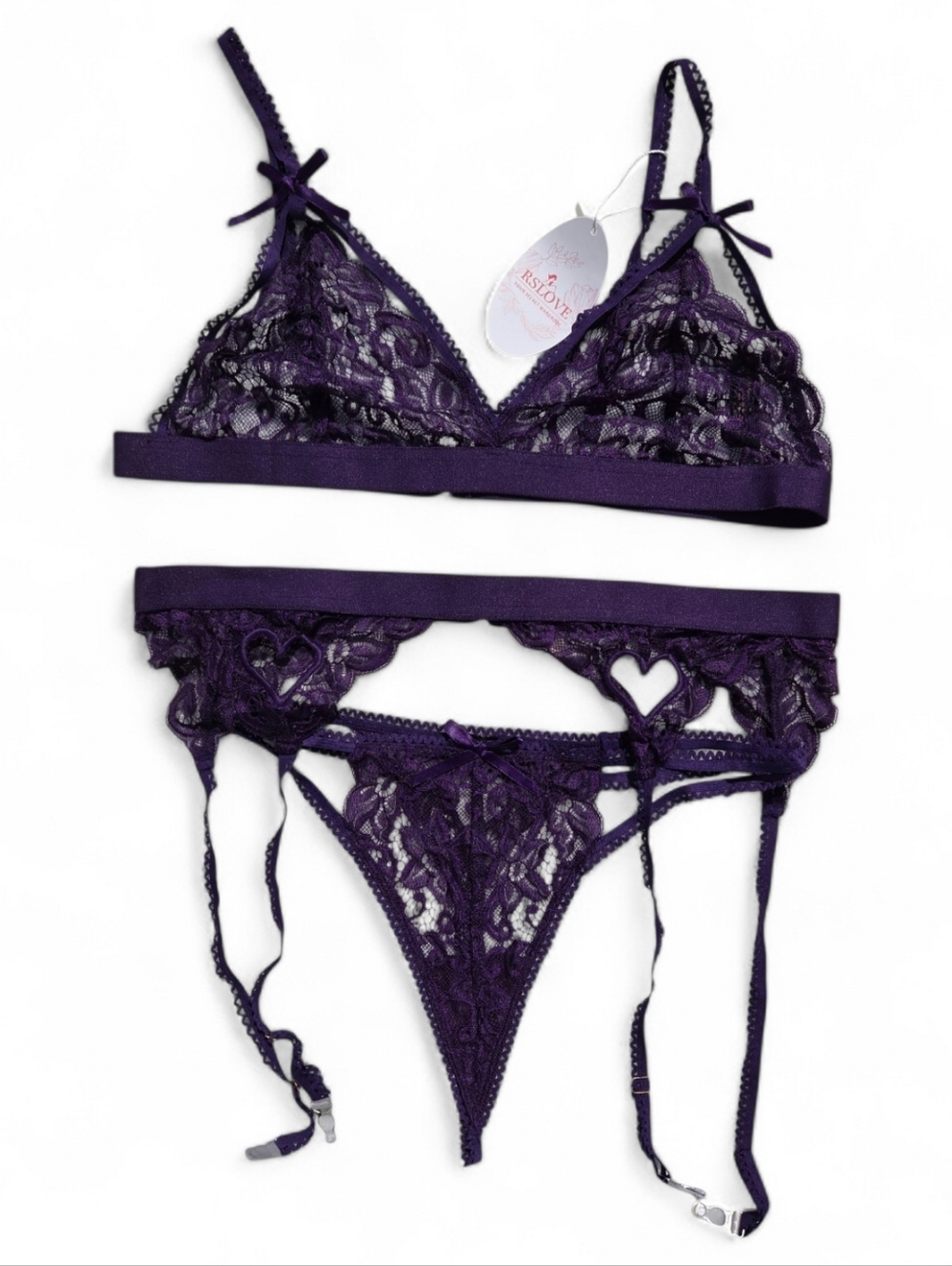 RSLOVE Purple Lace Bralette & Garter Thong Set Woth Heart Detail, XL